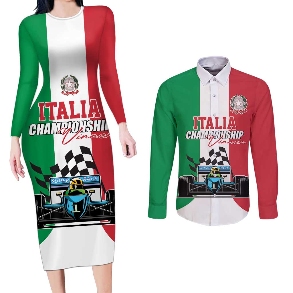 Custom Italy Formula One Couples Matching Long Sleeve Bodycon Dress and Long Sleeve Button Shirt Motorsport and Il Tricolore F1 World Championship