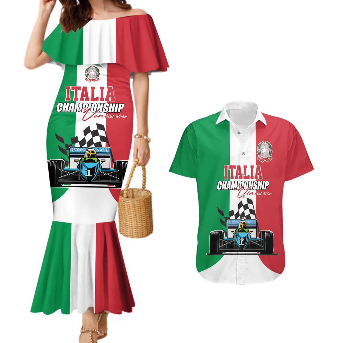 Custom Italy Formula One Couples Matching Mermaid Dress and Hawaiian Shirt Motorsport and Il Tricolore F1 World Championship