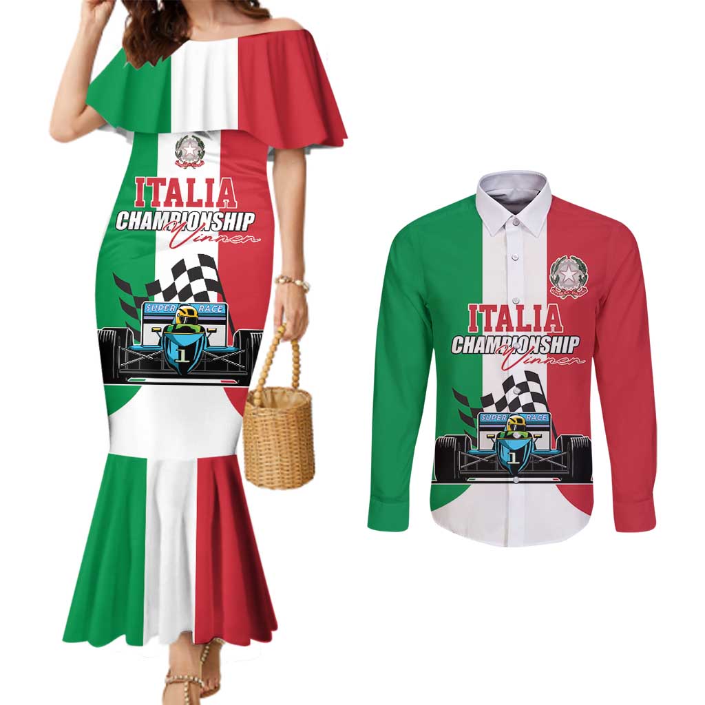 Custom Italy Formula One Couples Matching Mermaid Dress and Long Sleeve Button Shirt Motorsport and Il Tricolore F1 World Championship