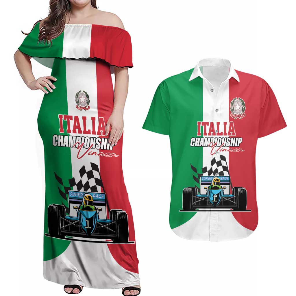 Custom Italy Formula One Couples Matching Off Shoulder Maxi Dress and Hawaiian Shirt Motorsport and Il Tricolore F1 World Championship