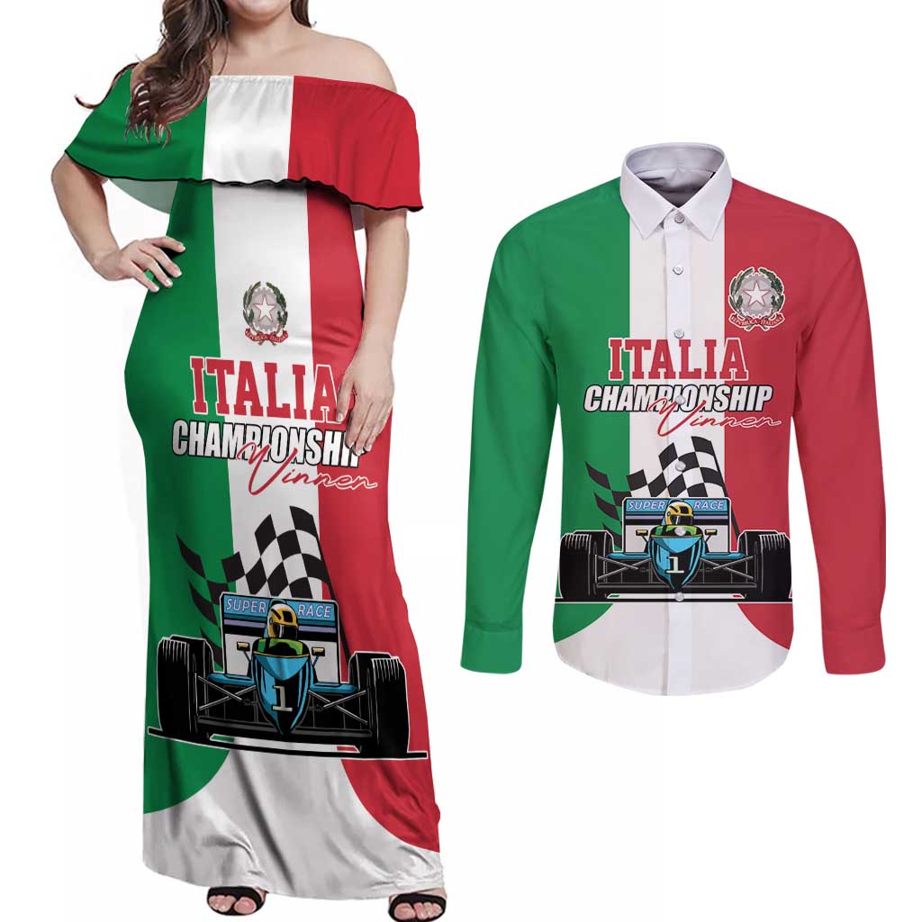 Custom Italy Formula One Couples Matching Off Shoulder Maxi Dress and Long Sleeve Button Shirt Motorsport and Il Tricolore F1 World Championship