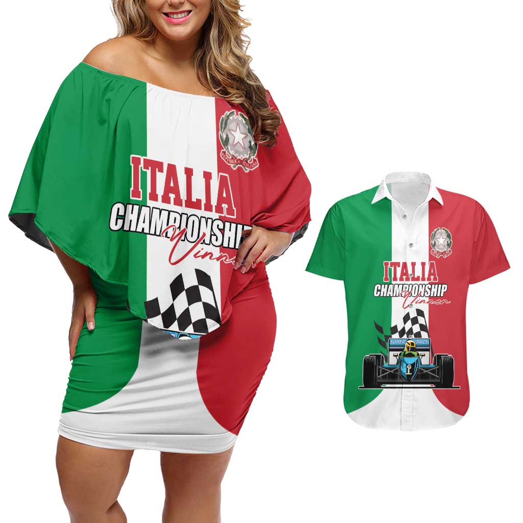 Custom Italy Formula One Couples Matching Off Shoulder Short Dress and Hawaiian Shirt Motorsport and Il Tricolore F1 World Championship