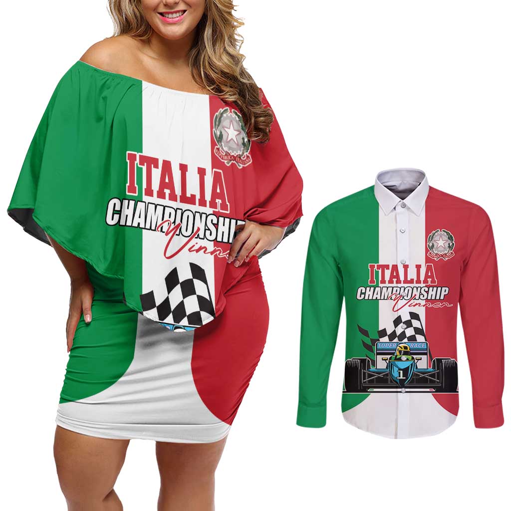 Custom Italy Formula One Couples Matching Off Shoulder Short Dress and Long Sleeve Button Shirt Motorsport and Il Tricolore F1 World Championship