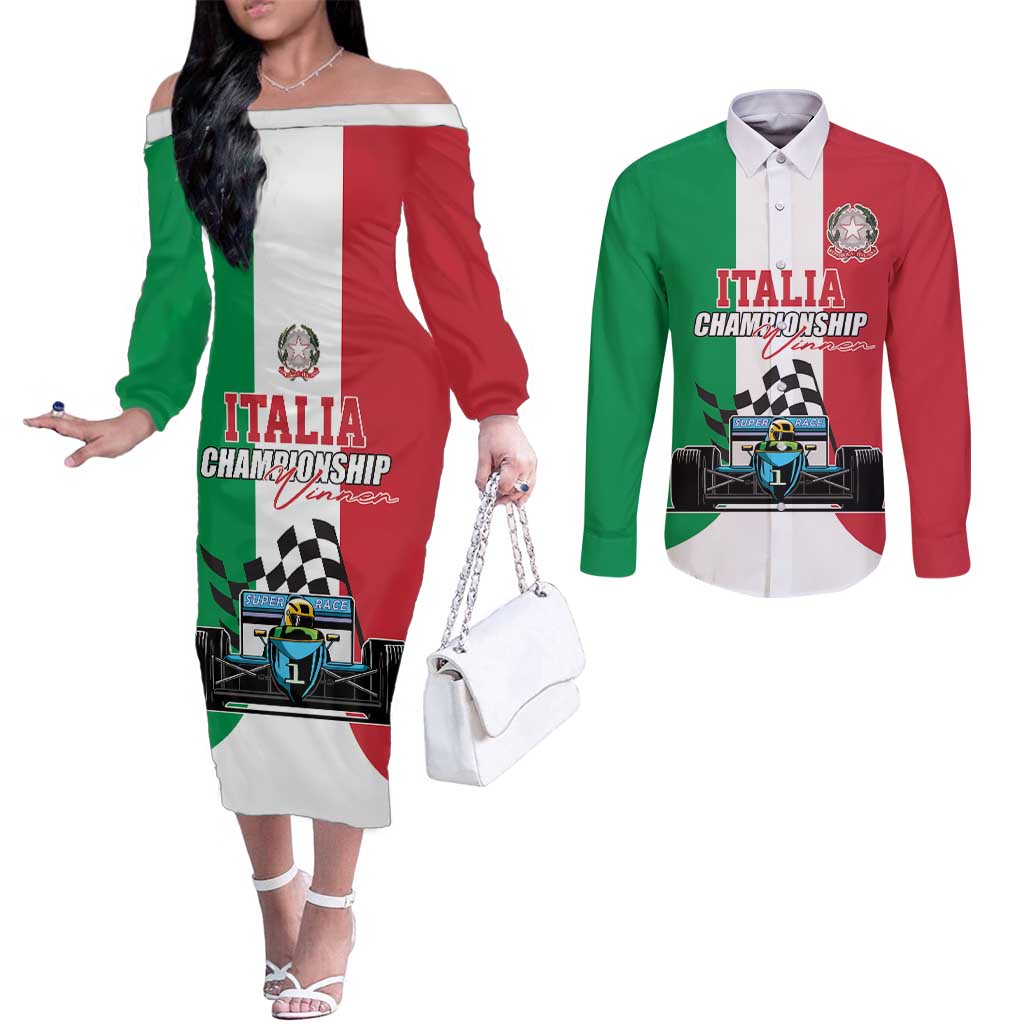 Custom Italy Formula One Couples Matching Off The Shoulder Long Sleeve Dress and Long Sleeve Button Shirt Motorsport and Il Tricolore F1 World Championship