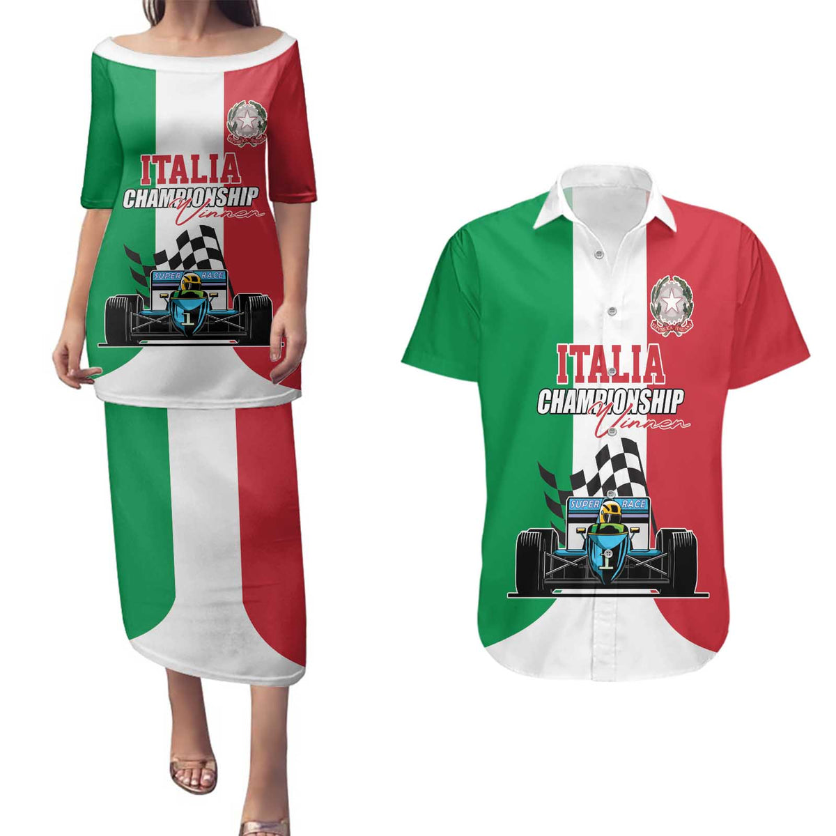 Custom Italy Formula One Couples Matching Puletasi and Hawaiian Shirt Motorsport and Il Tricolore F1 World Championship
