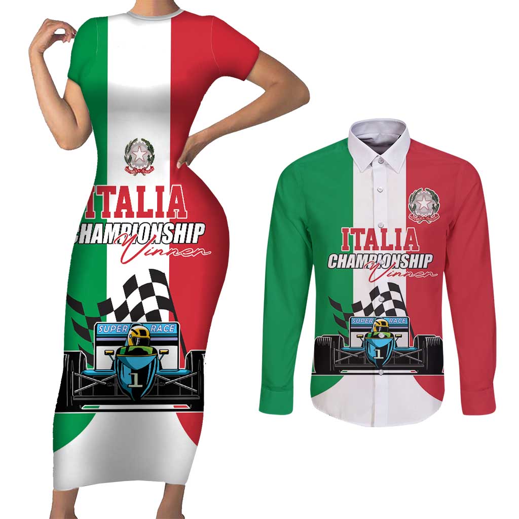 Custom Italy Formula One Couples Matching Short Sleeve Bodycon Dress and Long Sleeve Button Shirt Motorsport and Il Tricolore F1 World Championship