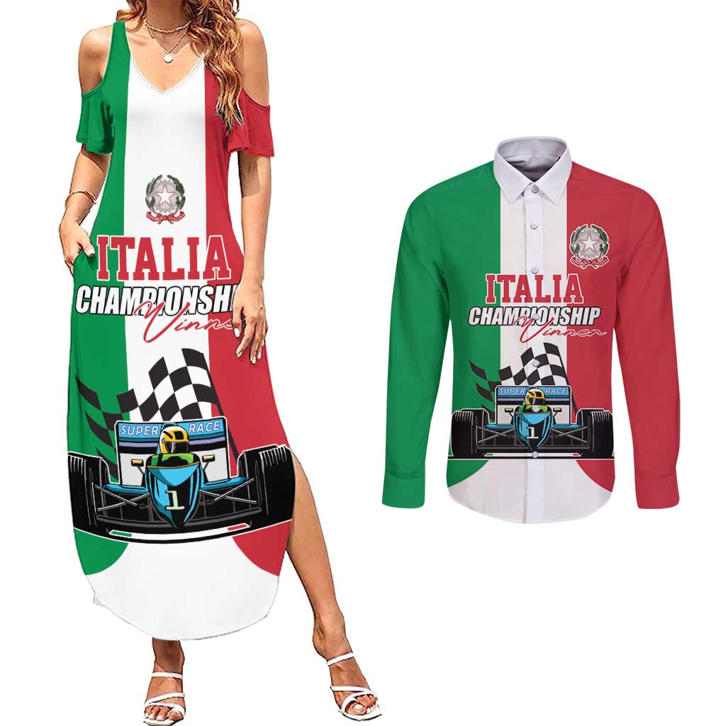 Custom Italy Formula One Couples Matching Summer Maxi Dress and Long Sleeve Button Shirt Motorsport and Il Tricolore F1 World Championship