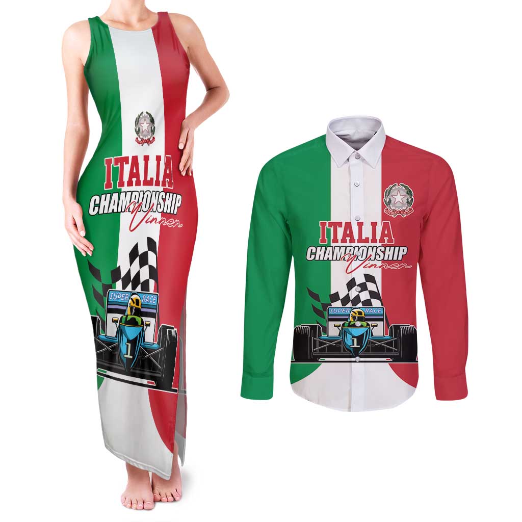 Custom Italy Formula One Couples Matching Tank Maxi Dress and Long Sleeve Button Shirt Motorsport and Il Tricolore F1 World Championship