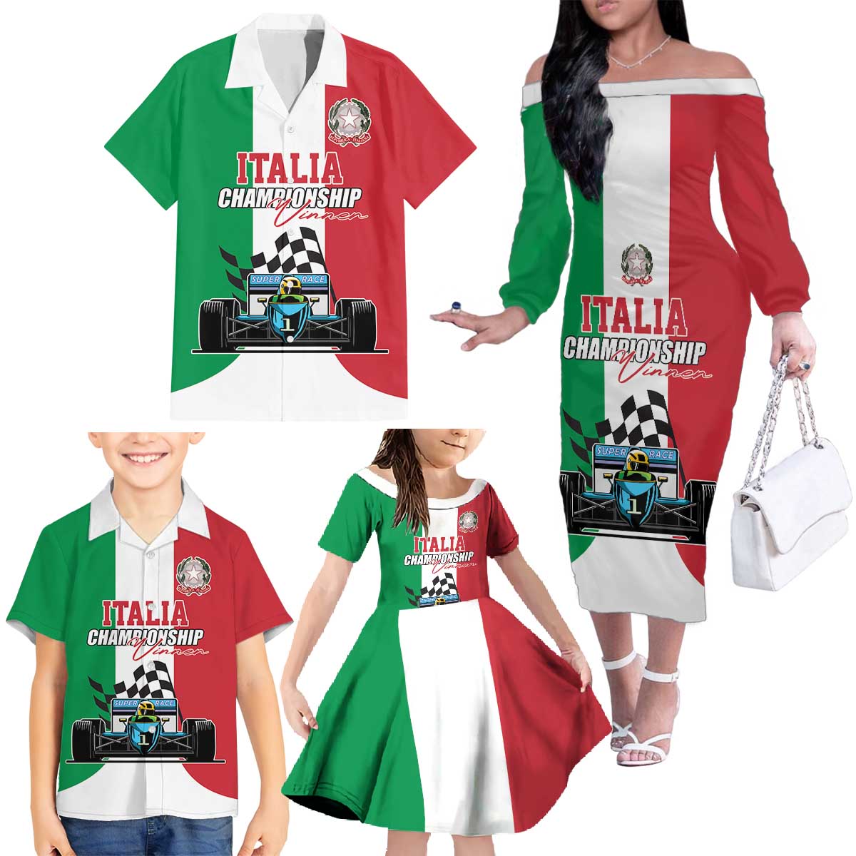 Custom Italy Formula One Family Matching Off The Shoulder Long Sleeve Dress and Hawaiian Shirt Motorsport and Il Tricolore F1 World Championship