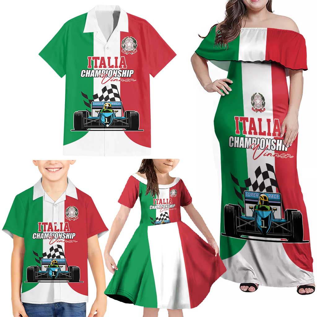 Custom Italy Formula One Family Matching Off Shoulder Maxi Dress and Hawaiian Shirt Motorsport and Il Tricolore F1 World Championship