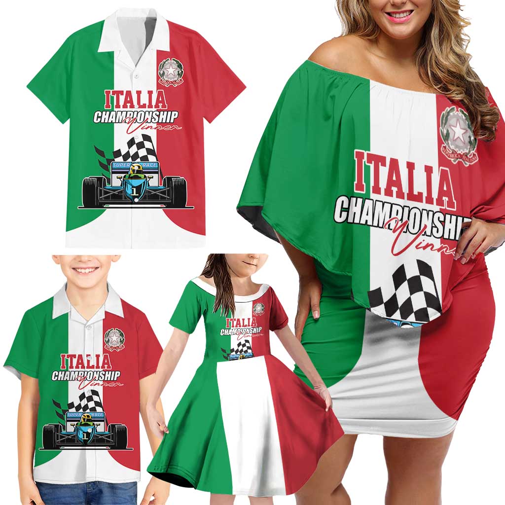 Custom Italy Formula One Family Matching Off Shoulder Short Dress and Hawaiian Shirt Motorsport and Il Tricolore F1 World Championship