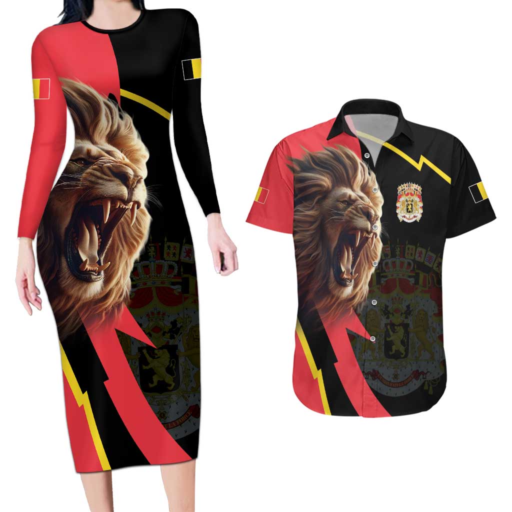 Belgium Coat of Arms Couples Matching Long Sleeve Bodycon Dress and Hawaiian Shirt Angry Lion