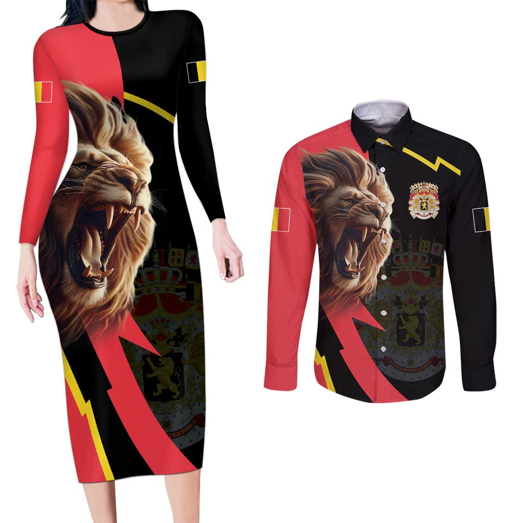 Belgium Coat of Arms Couples Matching Long Sleeve Bodycon Dress and Long Sleeve Button Shirt Angry Lion