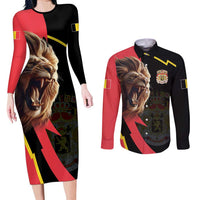 Belgium Coat of Arms Couples Matching Long Sleeve Bodycon Dress and Long Sleeve Button Shirt Angry Lion