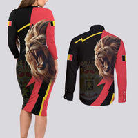 Belgium Coat of Arms Couples Matching Long Sleeve Bodycon Dress and Long Sleeve Button Shirt Angry Lion