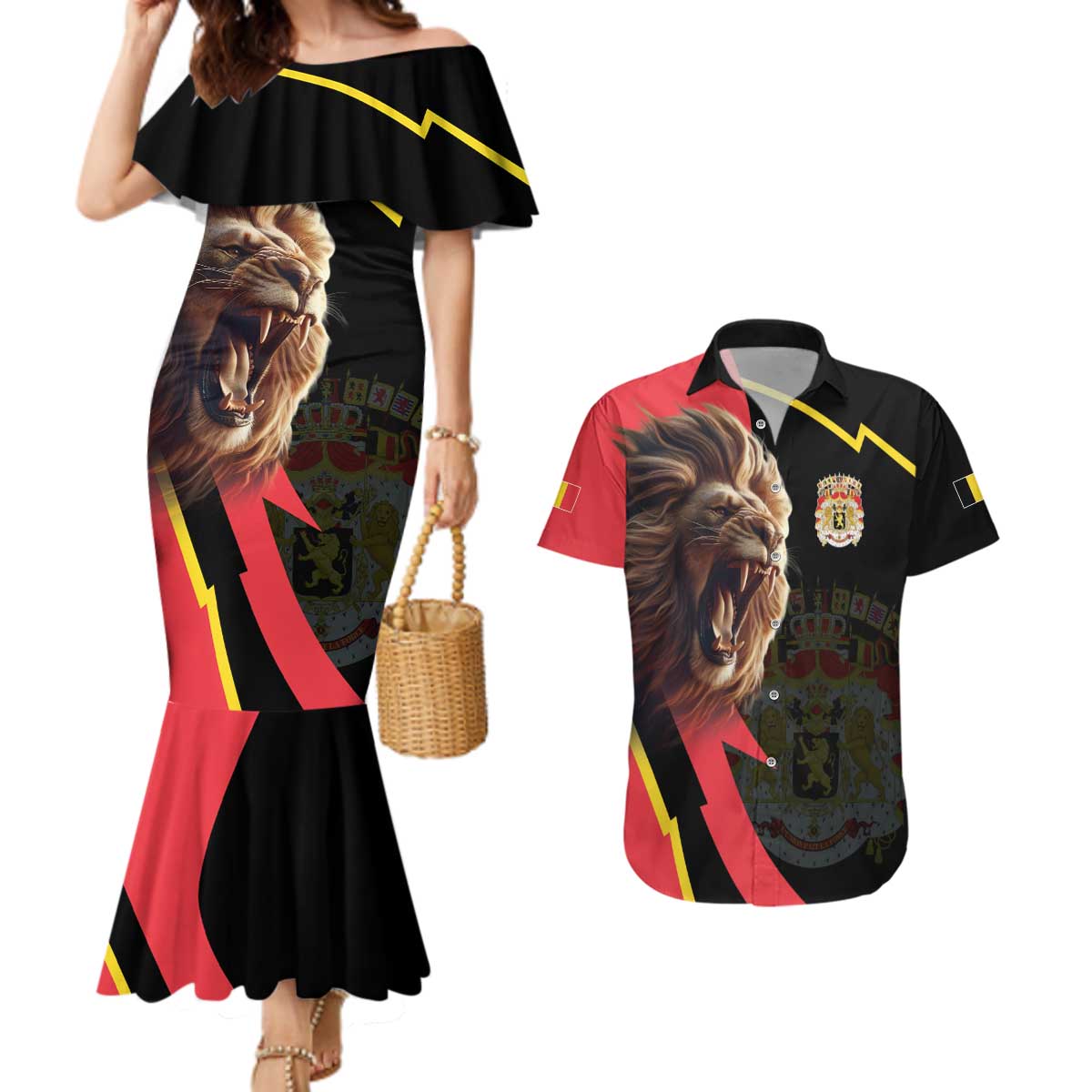 Belgium Coat of Arms Couples Matching Mermaid Dress and Hawaiian Shirt Angry Lion