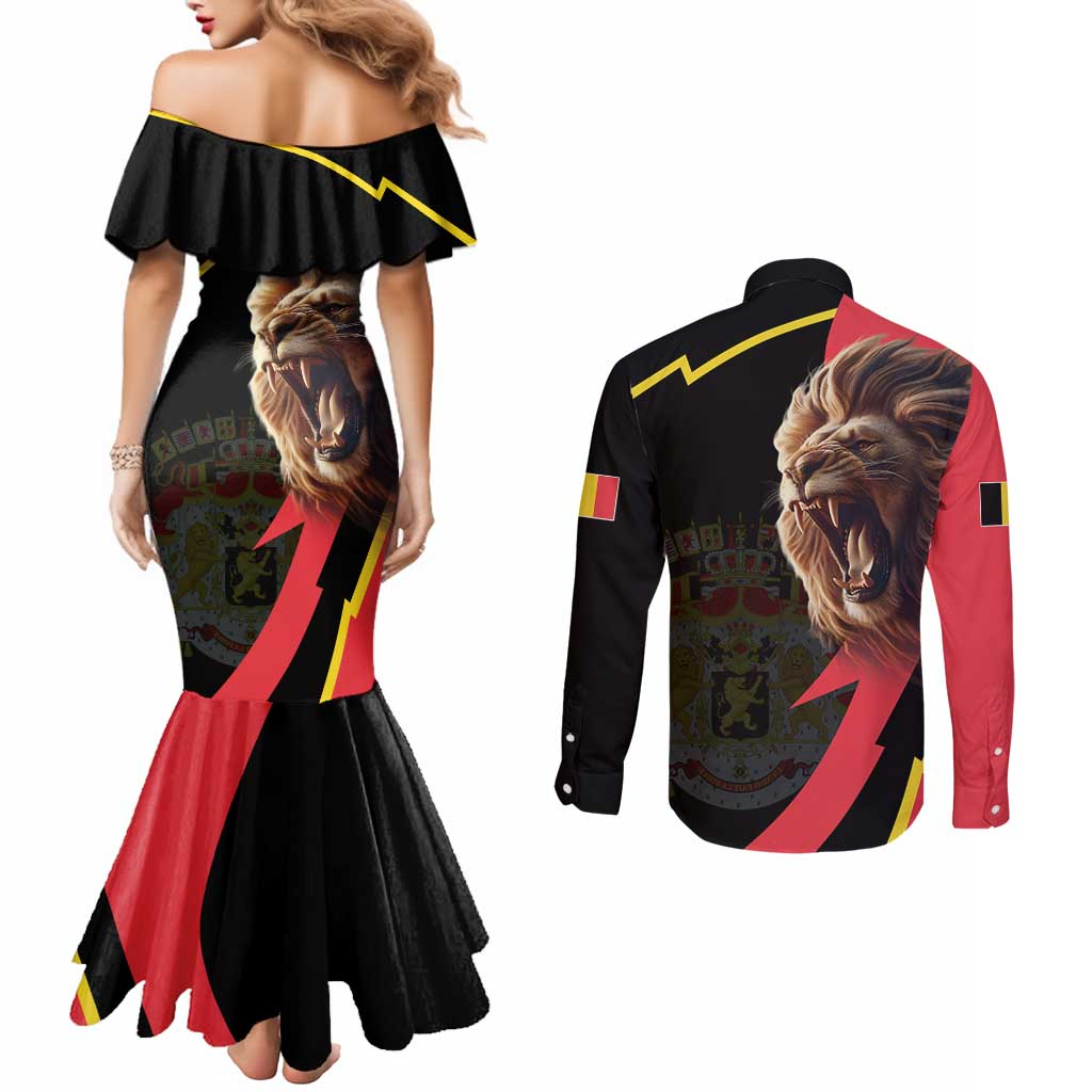 Belgium Coat of Arms Couples Matching Mermaid Dress and Long Sleeve Button Shirt Angry Lion
