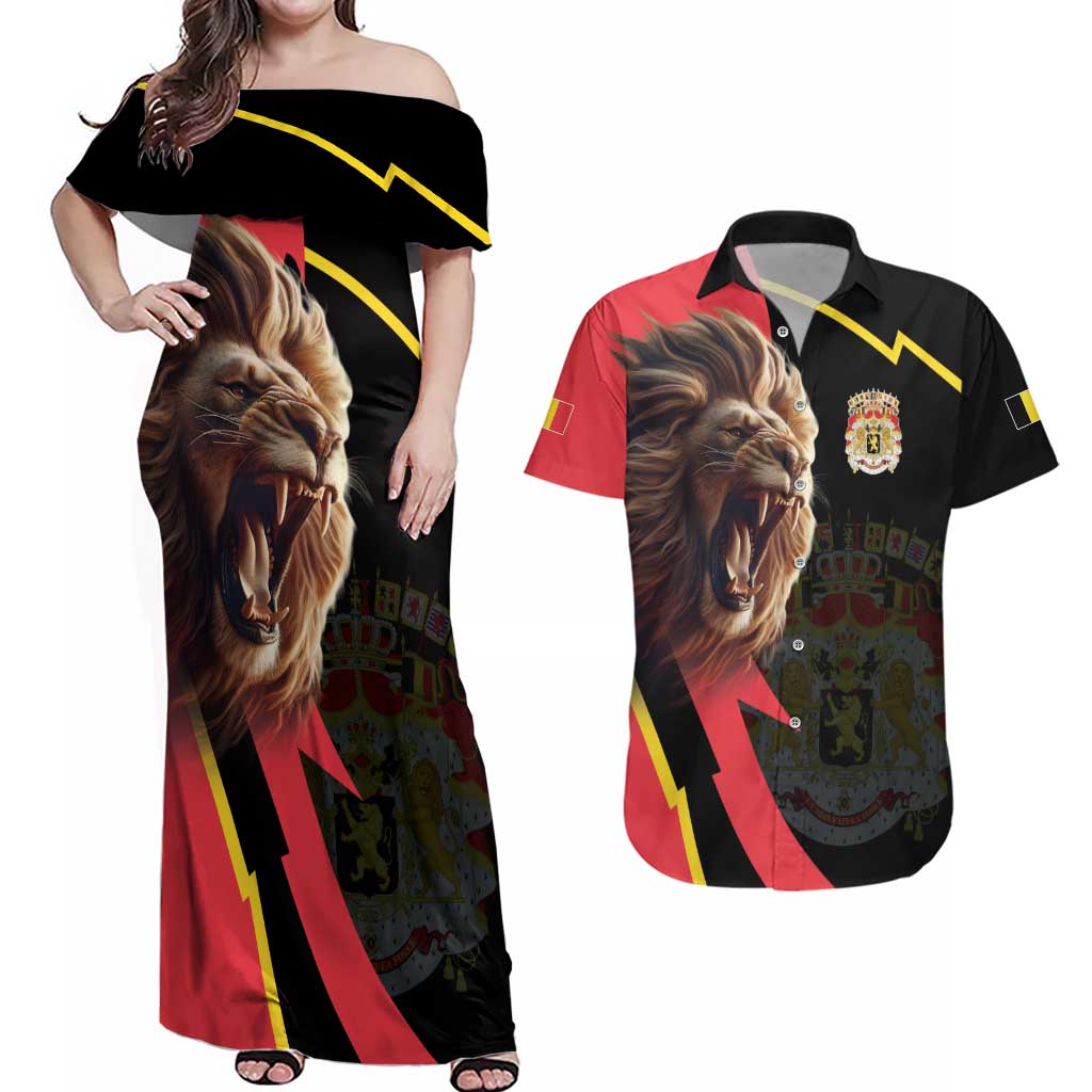 Belgium Coat of Arms Couples Matching Off Shoulder Maxi Dress and Hawaiian Shirt Angry Lion