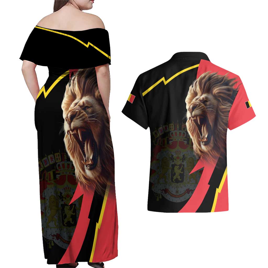 Belgium Coat of Arms Couples Matching Off Shoulder Maxi Dress and Hawaiian Shirt Angry Lion