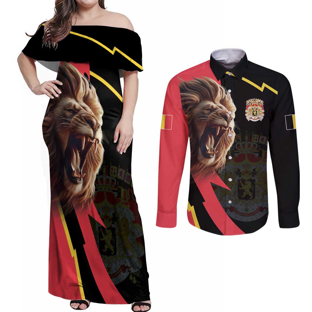 Belgium Coat of Arms Couples Matching Off Shoulder Maxi Dress and Long Sleeve Button Shirt Angry Lion