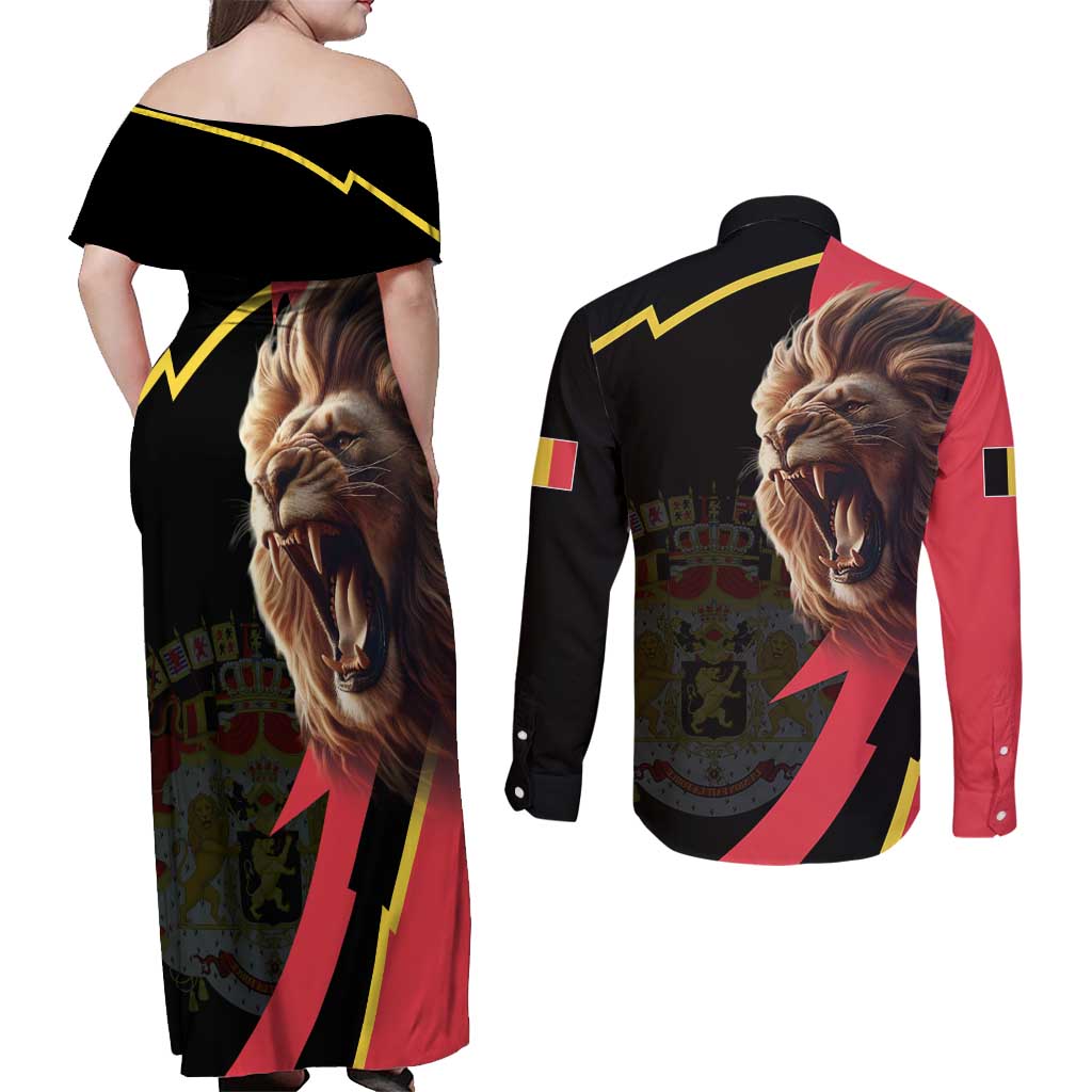 Belgium Coat of Arms Couples Matching Off Shoulder Maxi Dress and Long Sleeve Button Shirt Angry Lion