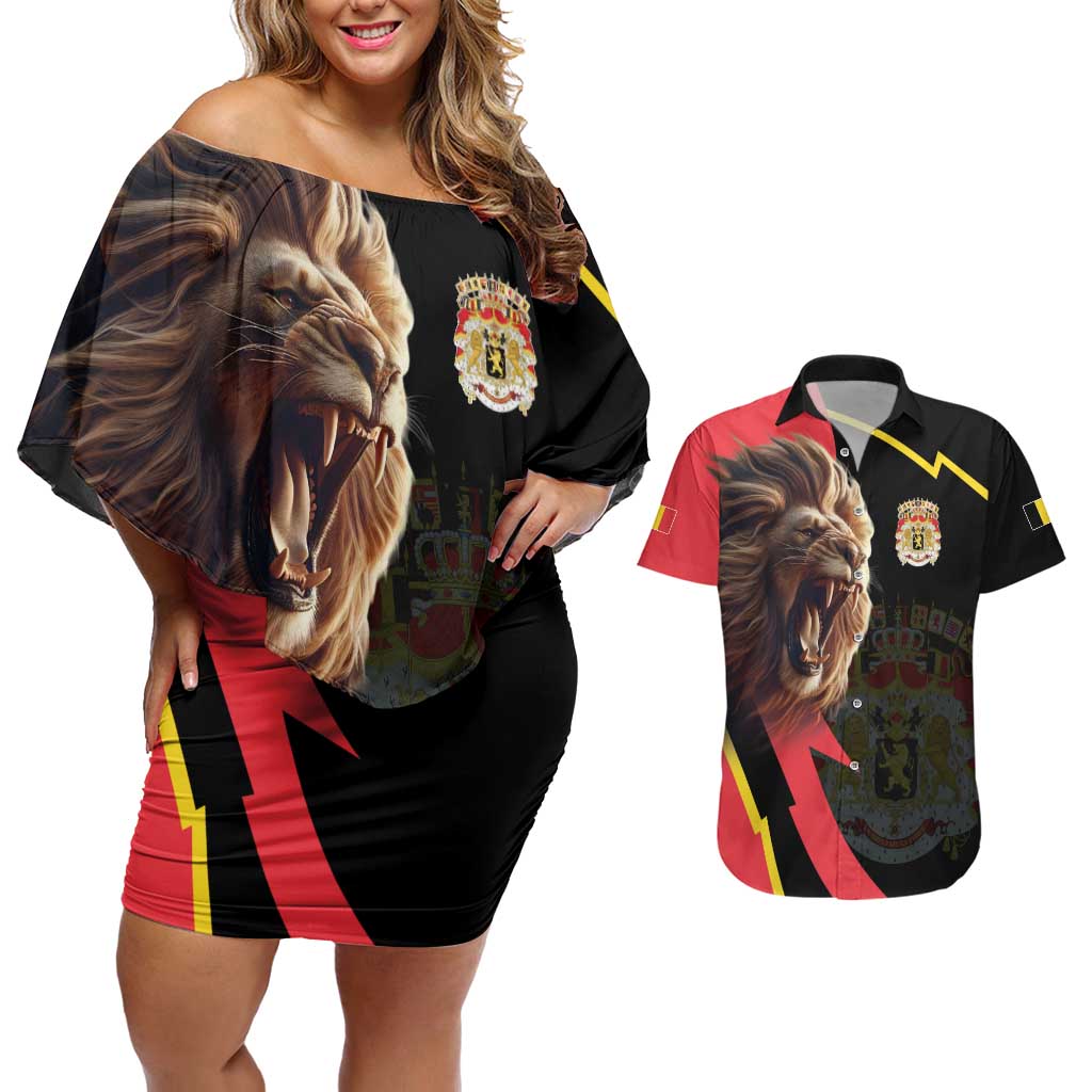 Belgium Coat of Arms Couples Matching Off Shoulder Short Dress and Hawaiian Shirt Angry Lion