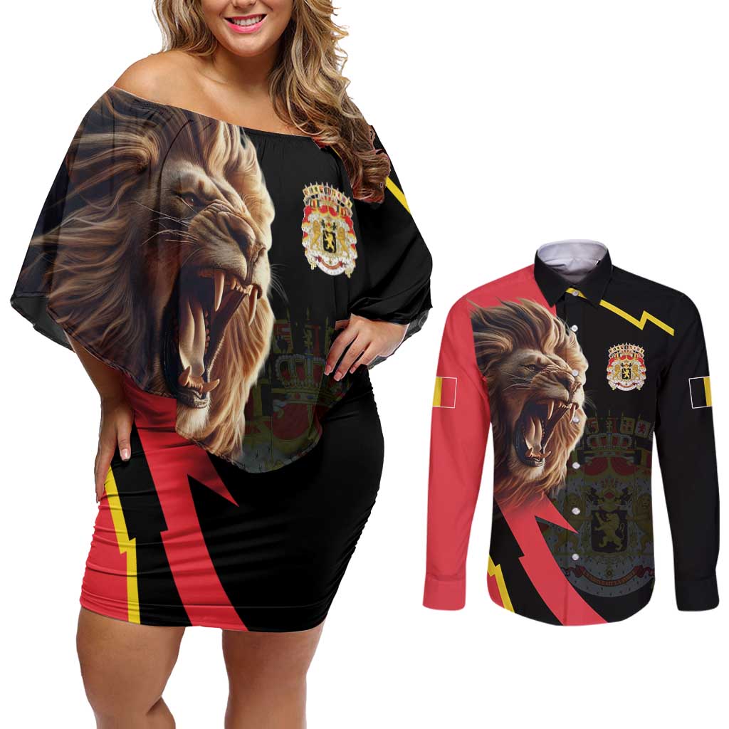 Belgium Coat of Arms Couples Matching Off Shoulder Short Dress and Long Sleeve Button Shirt Angry Lion