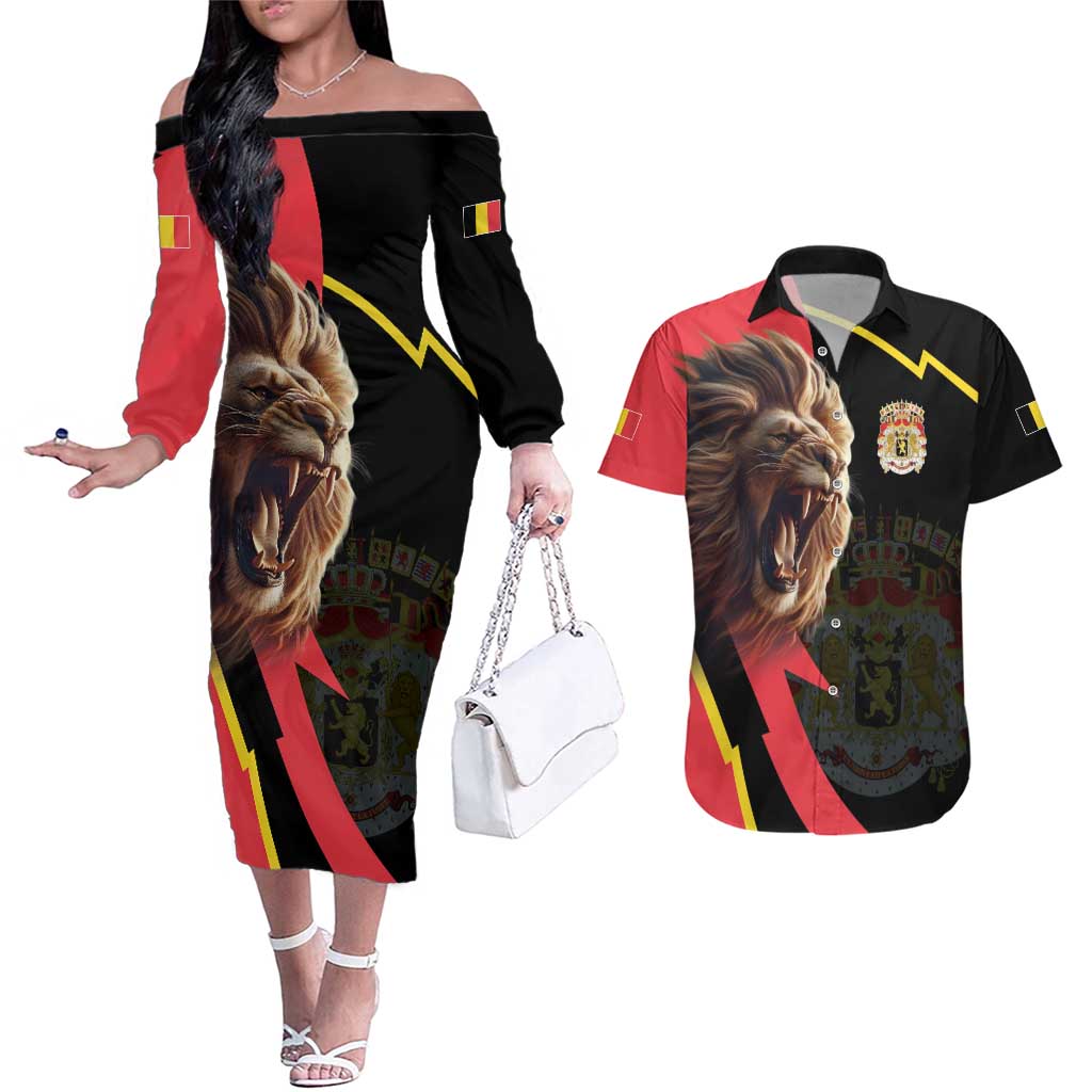 Belgium Coat of Arms Couples Matching Off The Shoulder Long Sleeve Dress and Hawaiian Shirt Angry Lion