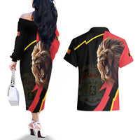 Belgium Coat of Arms Couples Matching Off The Shoulder Long Sleeve Dress and Hawaiian Shirt Angry Lion
