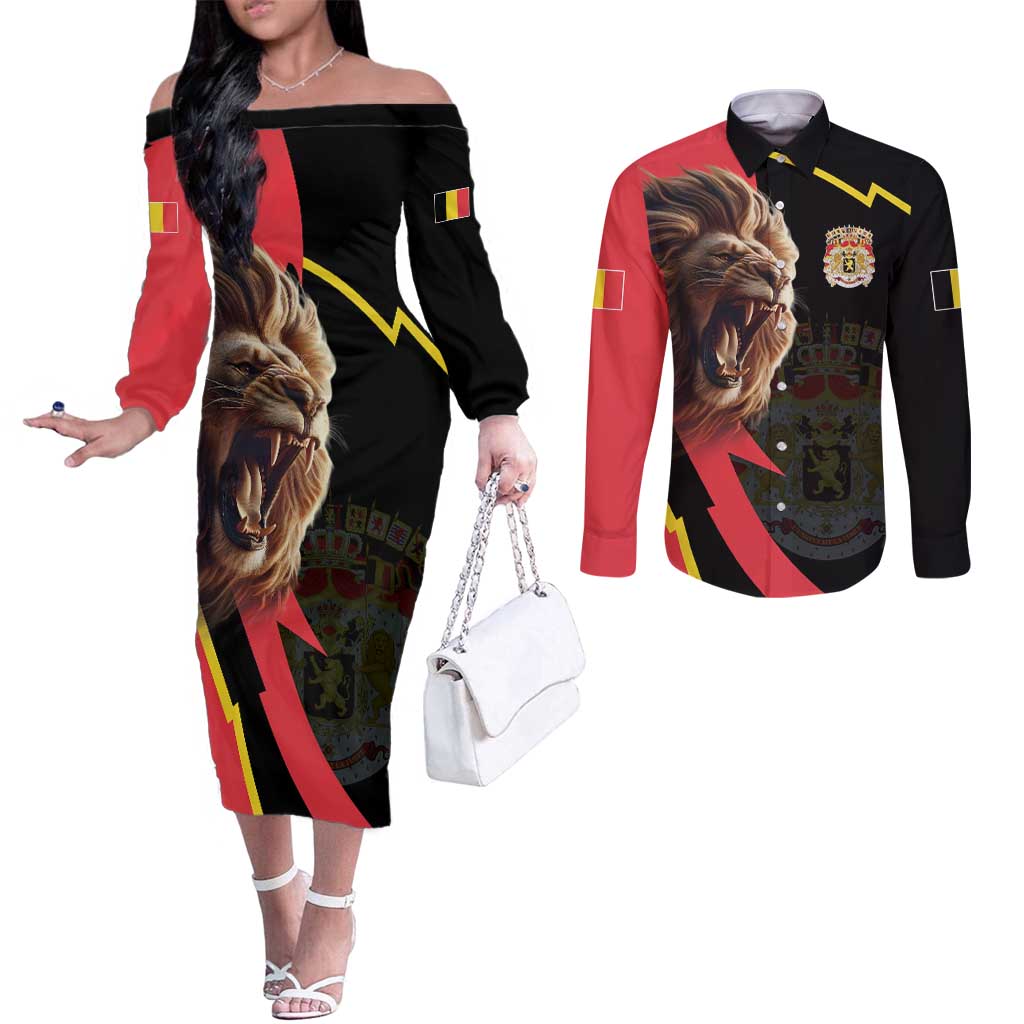 Belgium Coat of Arms Couples Matching Off The Shoulder Long Sleeve Dress and Long Sleeve Button Shirt Angry Lion