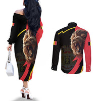 Belgium Coat of Arms Couples Matching Off The Shoulder Long Sleeve Dress and Long Sleeve Button Shirt Angry Lion