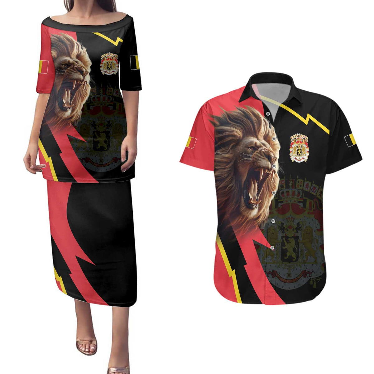 Belgium Coat of Arms Couples Matching Puletasi and Hawaiian Shirt Angry Lion