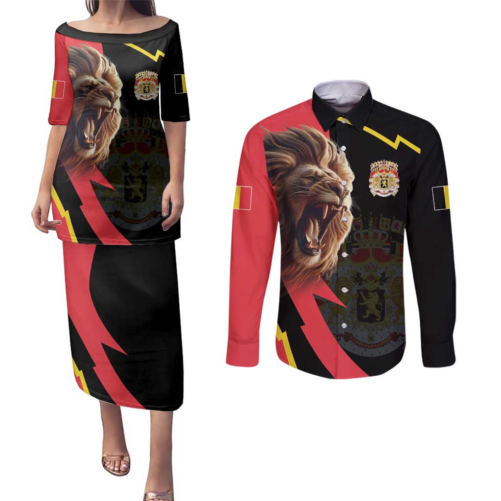 Belgium Coat of Arms Couples Matching Puletasi and Long Sleeve Button Shirt Angry Lion
