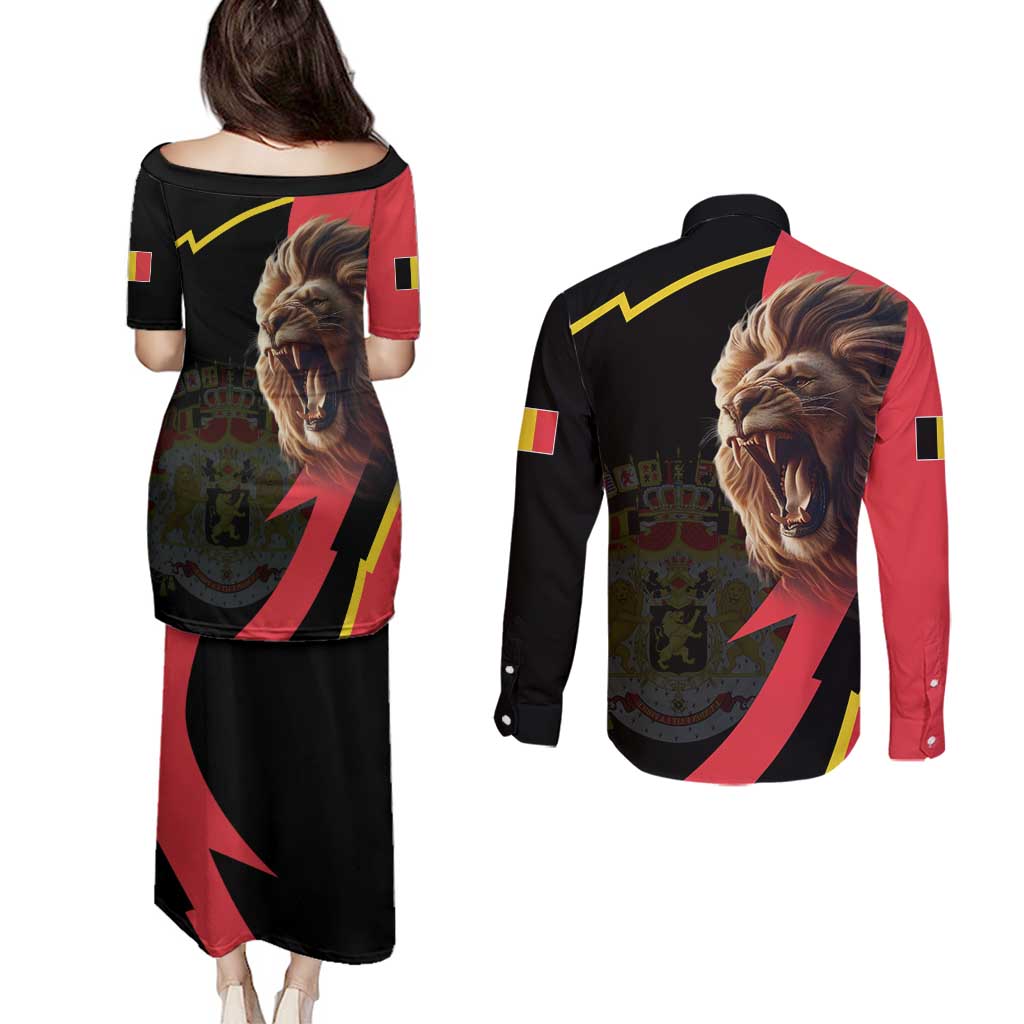 Belgium Coat of Arms Couples Matching Puletasi and Long Sleeve Button Shirt Angry Lion
