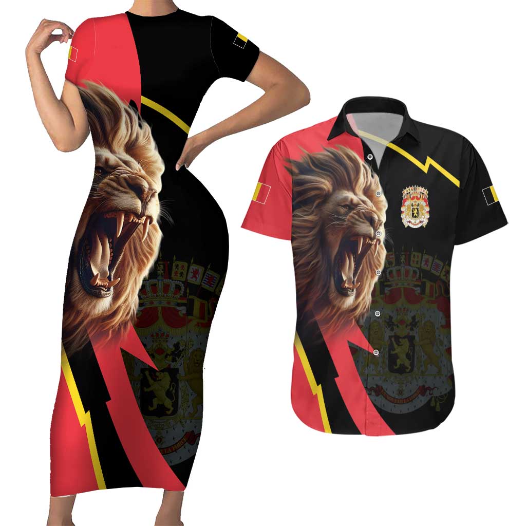 Belgium Coat of Arms Couples Matching Short Sleeve Bodycon Dress and Hawaiian Shirt Angry Lion