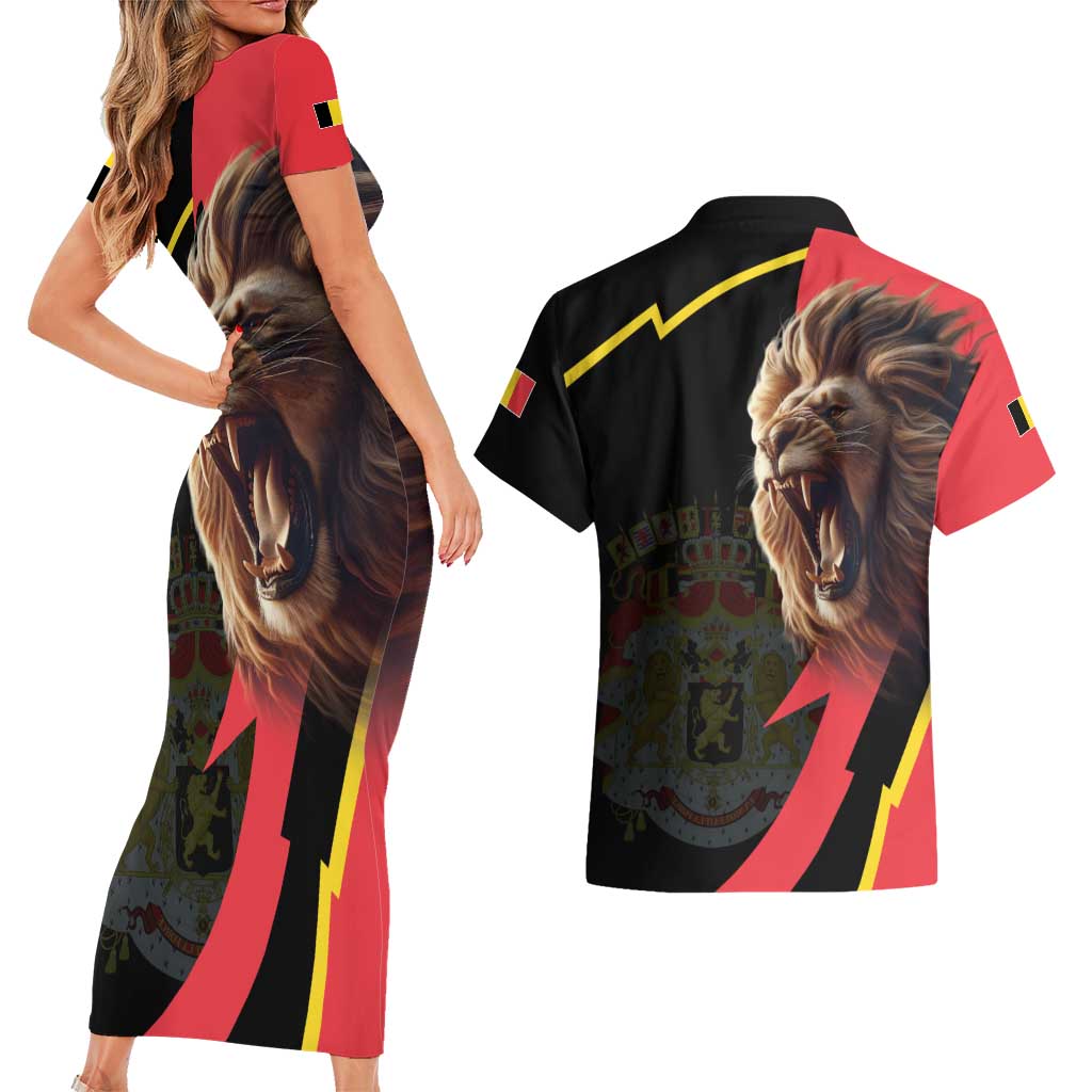 Belgium Coat of Arms Couples Matching Short Sleeve Bodycon Dress and Hawaiian Shirt Angry Lion