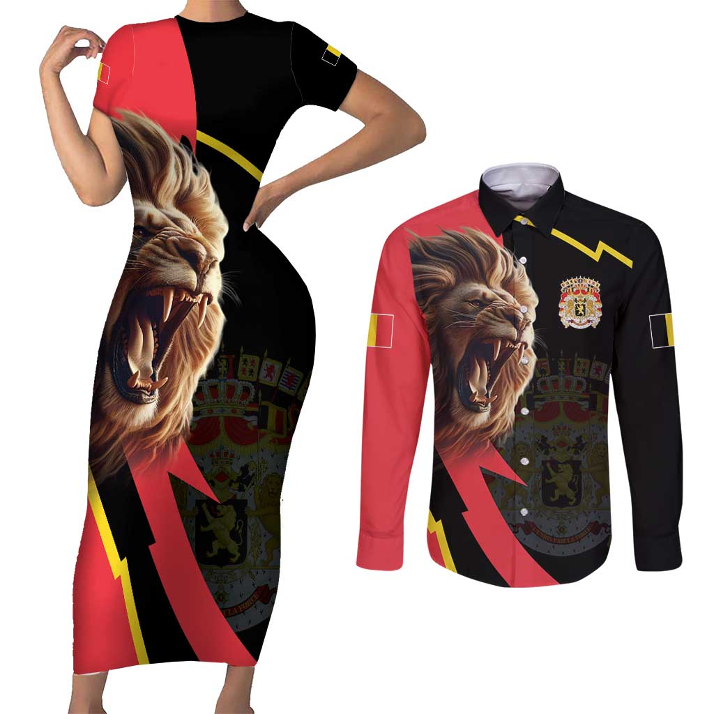 Belgium Coat of Arms Couples Matching Short Sleeve Bodycon Dress and Long Sleeve Button Shirt Angry Lion