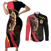 Belgium Coat of Arms Couples Matching Short Sleeve Bodycon Dress and Long Sleeve Button Shirt Angry Lion