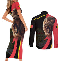 Belgium Coat of Arms Couples Matching Short Sleeve Bodycon Dress and Long Sleeve Button Shirt Angry Lion