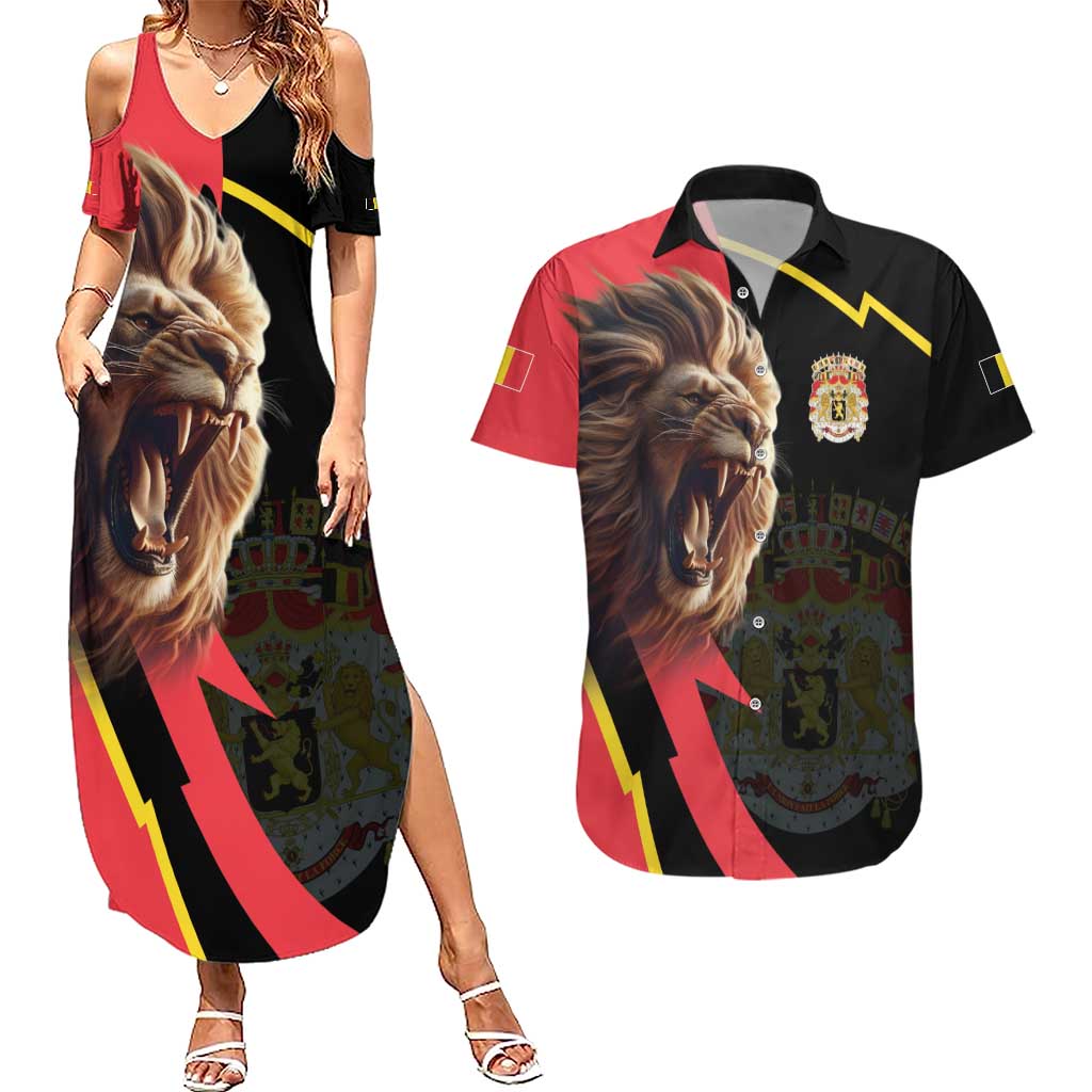 Belgium Coat of Arms Couples Matching Summer Maxi Dress and Hawaiian Shirt Angry Lion