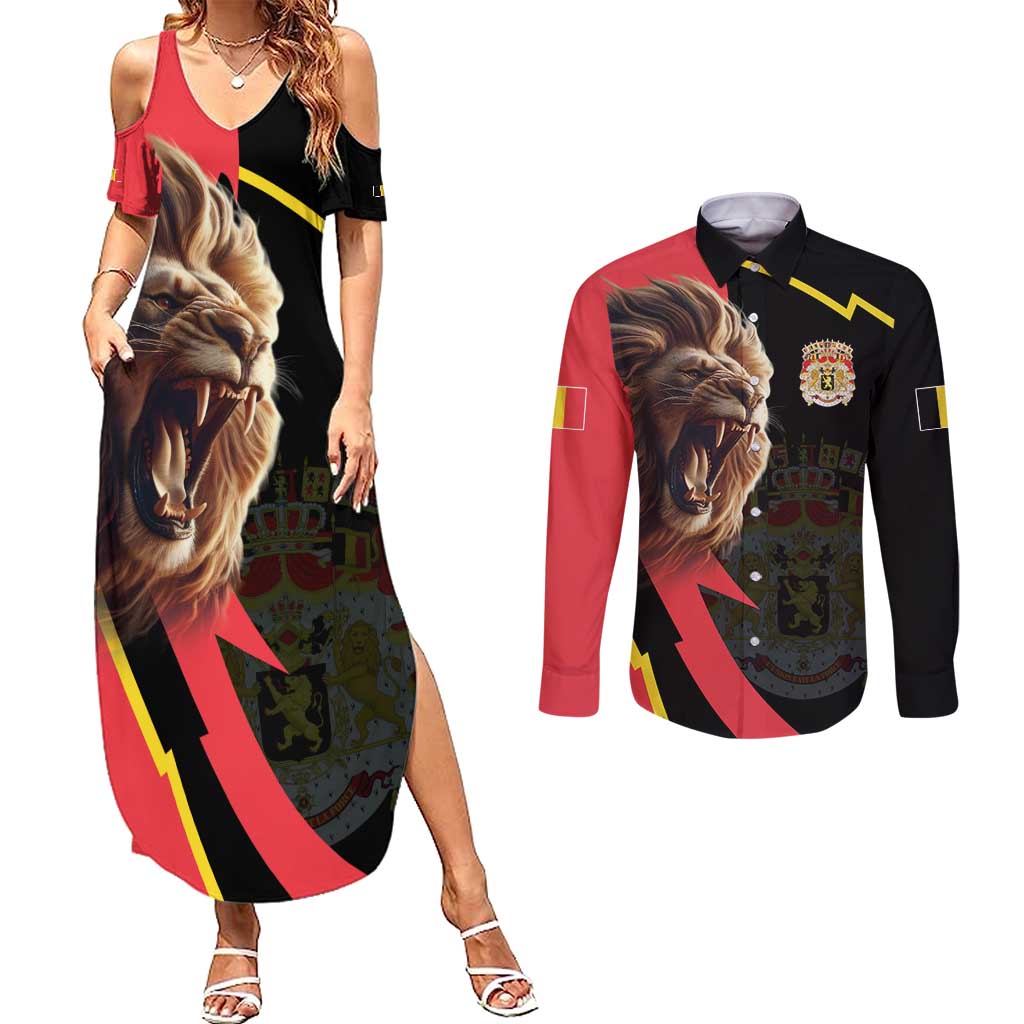 Belgium Coat of Arms Couples Matching Summer Maxi Dress and Long Sleeve Button Shirt Angry Lion
