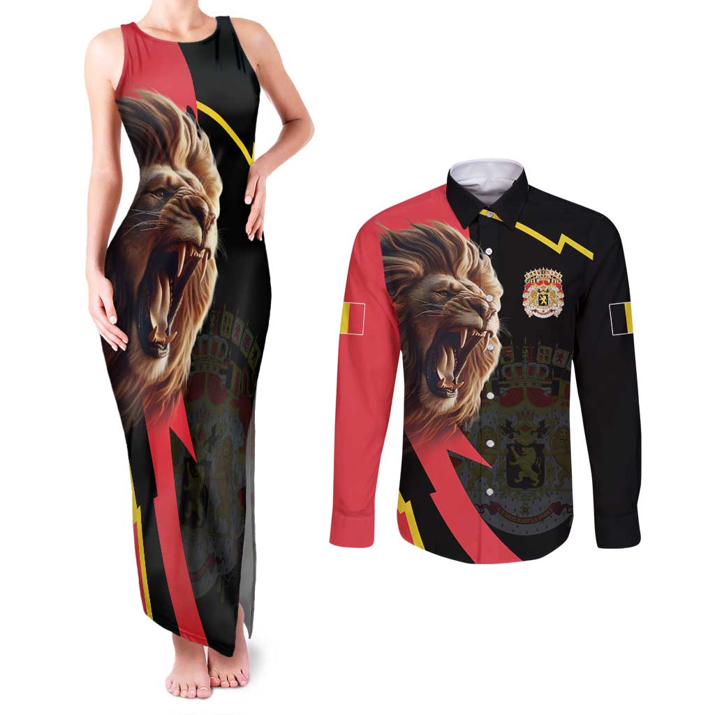 Belgium Coat of Arms Couples Matching Tank Maxi Dress and Long Sleeve Button Shirt Angry Lion