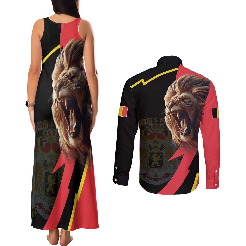 Belgium Coat of Arms Couples Matching Tank Maxi Dress and Long Sleeve Button Shirt Angry Lion