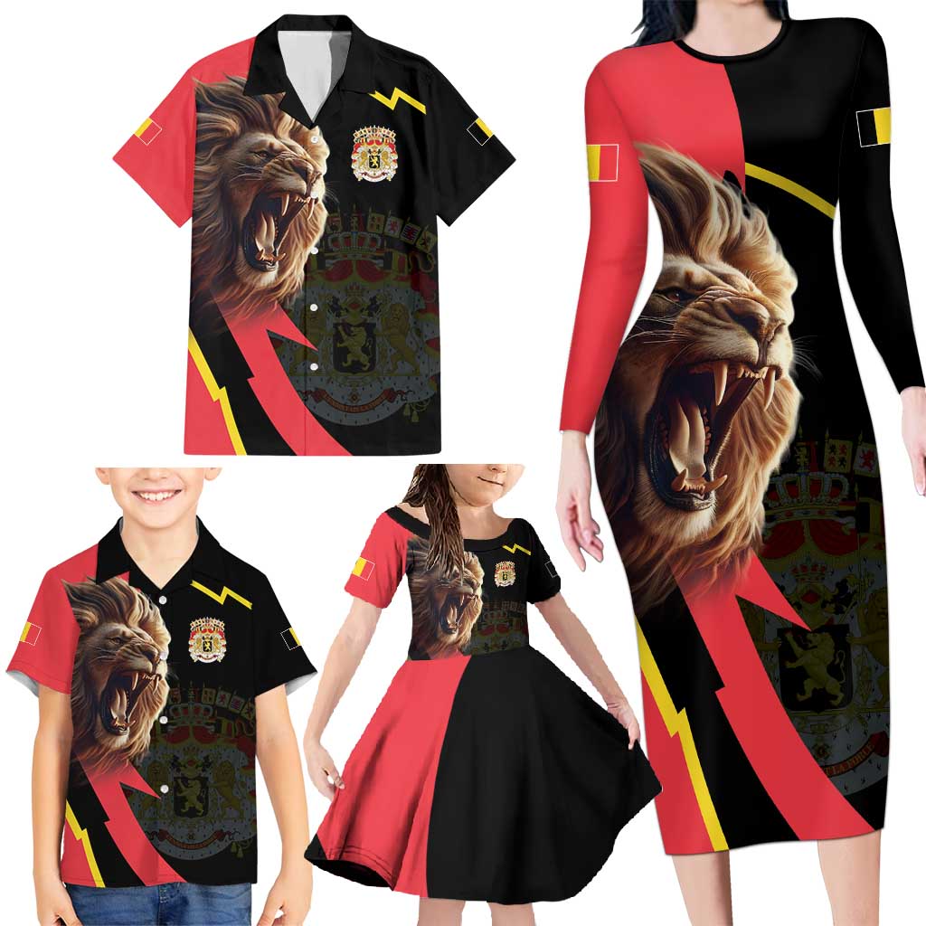 Belgium Coat of Arms Family Matching Long Sleeve Bodycon Dress and Hawaiian Shirt Angry Lion