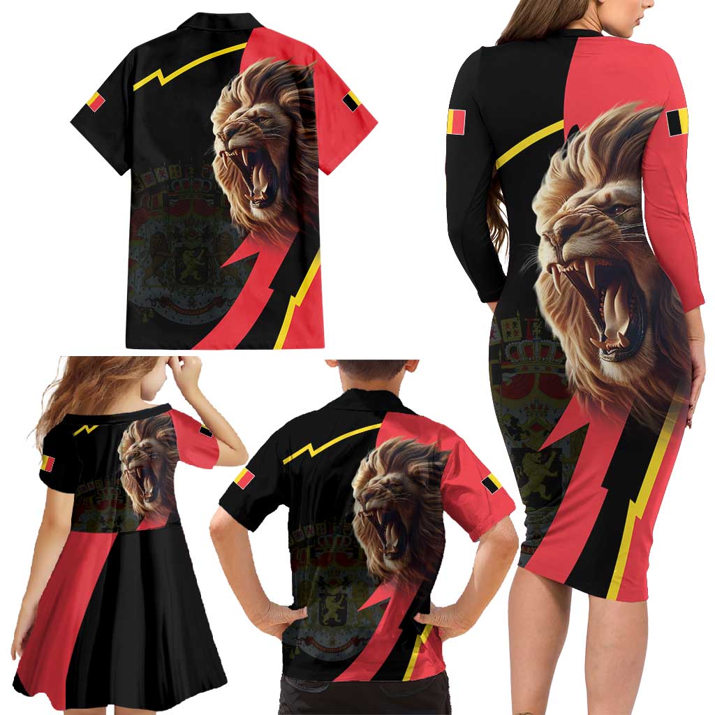 Belgium Coat of Arms Family Matching Long Sleeve Bodycon Dress and Hawaiian Shirt Angry Lion
