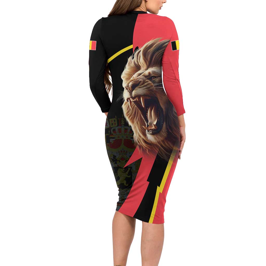 Belgium Coat of Arms Family Matching Long Sleeve Bodycon Dress and Hawaiian Shirt Angry Lion