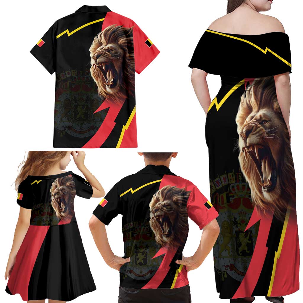 Belgium Coat of Arms Family Matching Off Shoulder Maxi Dress and Hawaiian Shirt Angry Lion