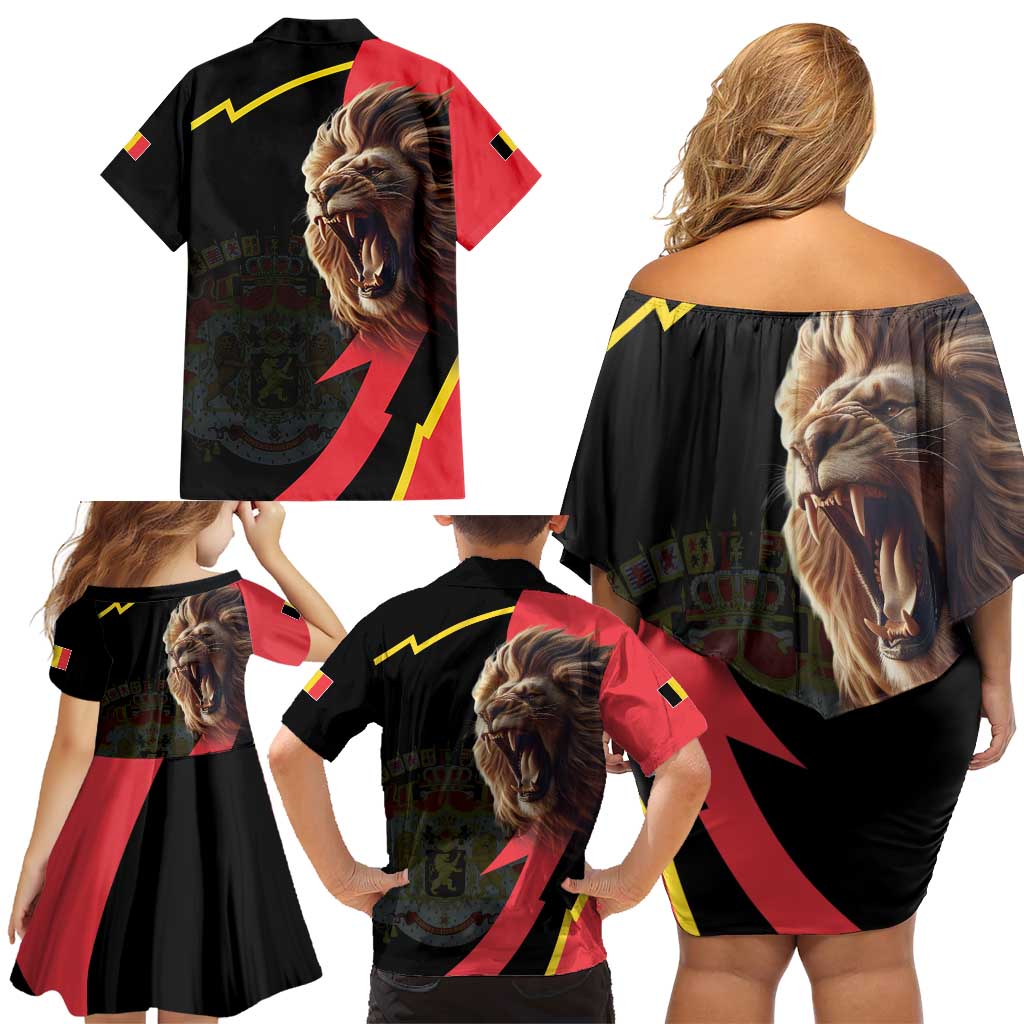 Belgium Coat of Arms Family Matching Off Shoulder Short Dress and Hawaiian Shirt Angry Lion