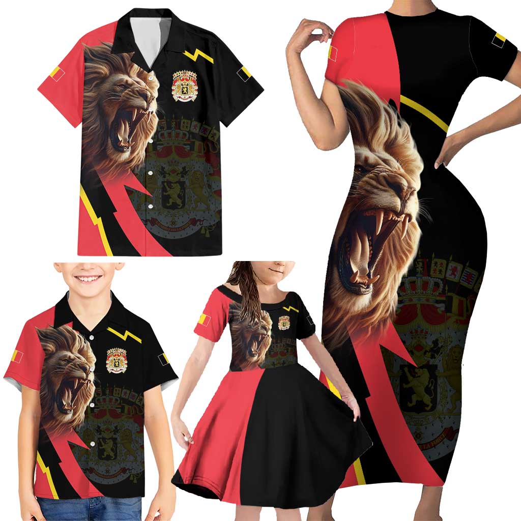 Belgium Coat of Arms Family Matching Short Sleeve Bodycon Dress and Hawaiian Shirt Angry Lion