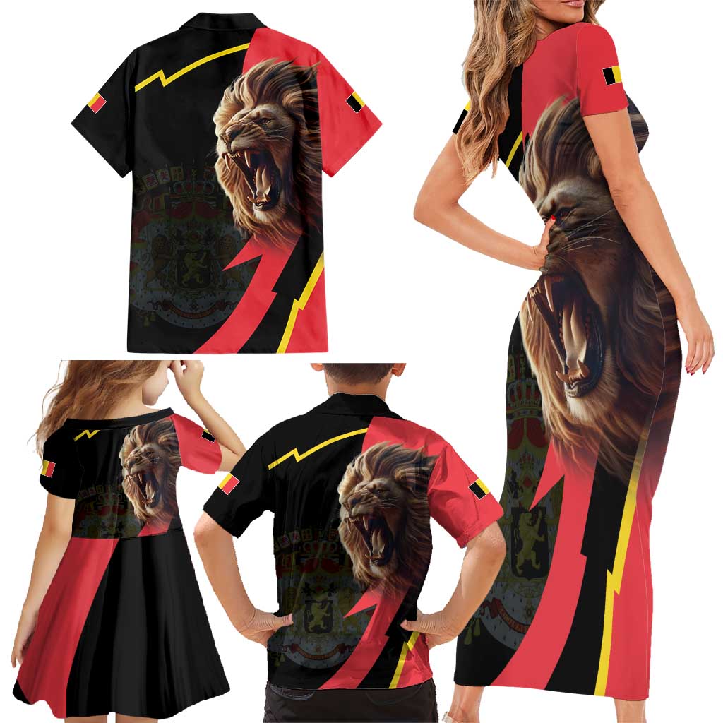 Belgium Coat of Arms Family Matching Short Sleeve Bodycon Dress and Hawaiian Shirt Angry Lion